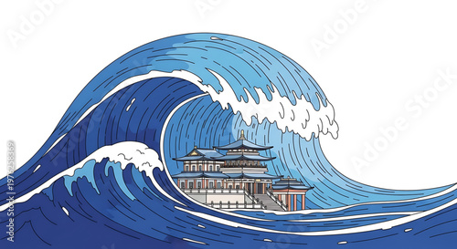 A stylized vector graphic illustration of a large wave about to crash over a traditional Asian building