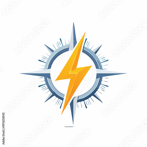 Abstract compass design with sharp angles and an orange/yellow lightning bolt