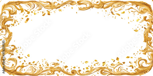 Elegant golden ornate frame with sparkling confetti on white background decoration decorative scrollwork elaborate background template celebration christmas new year invitation