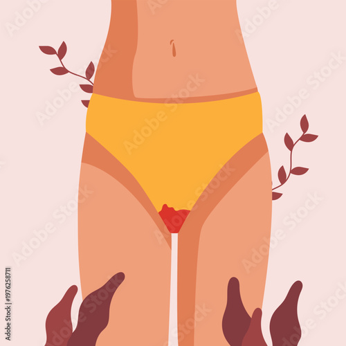 The concept of the menstrual period. Women's thighs in bloody panties. Women's hygiene. Protection from menstruation. vector illustration