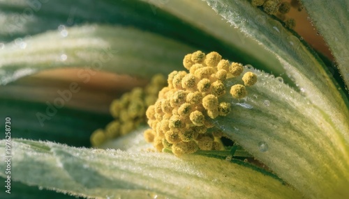 Close-up of pollen grains resting on a flower surface under soft natural light. 
