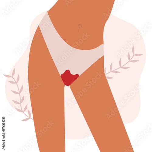 The concept of the menstrual period. Women's thighs in bloody panties. Women's hygiene. Protection from menstruation. vector illustration
