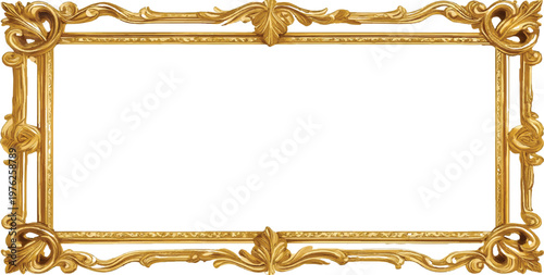 Classic golden rectangular frame with baroque ornamental corners and sides on a white background rectangular decoration picture frame mirror painting copy space template