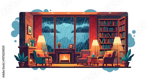 A cozy living room with a fireplace and bookshelves on a rainy night