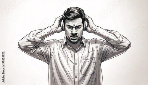 Man wearing headphones holding them tightly looking stressed.