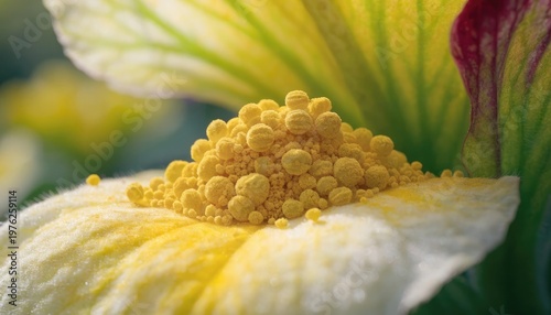 Close-up of pollen grains resting on a flower surface under soft natural light. 