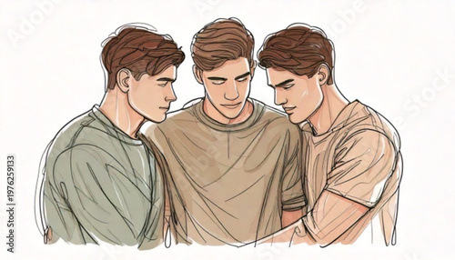Three young men looking down together in discussion.