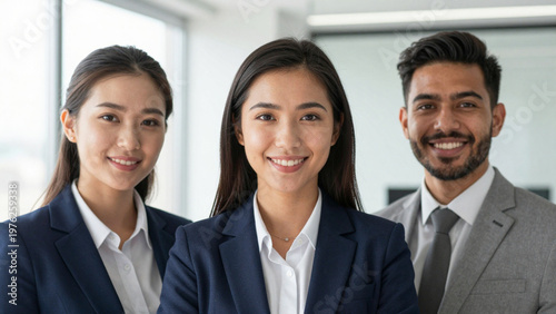 Medium close-up of a diverse team of three professionals in formal business attire, smiling and looking at camera, bright office interior
