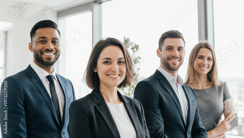 Medium close-up of a diverse team of three professionals in formal business attire, smiling and looking at camera, bright office interior