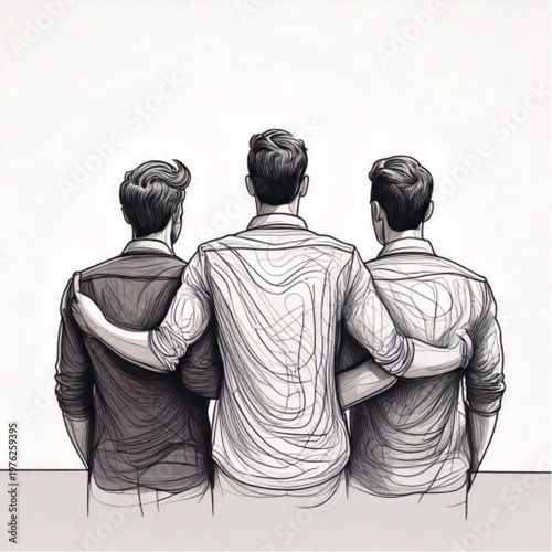 Three men standing together with arms around shoulders.