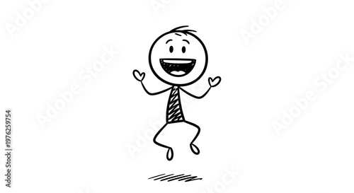 A stick figure in a tie jumps up happily.