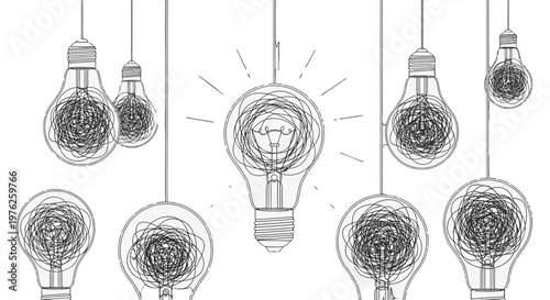 A creative illustration of hanging light bulbs with scribbled interiors and one glowing bulb.