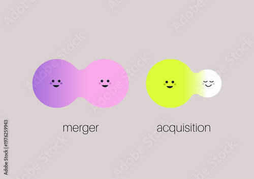 Simple shapes illustrate key differences between merger and acquisition, using colors and smiles to convey business concepts in a fun and engaging manner, making learning enjoyable