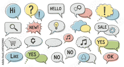 Collection of colorful speech bubbles and icons.