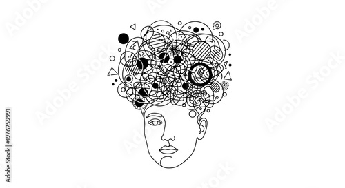 Illustration of a woman's head with swirling thoughts and ideas.