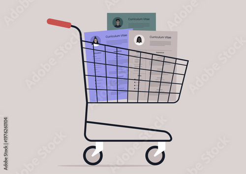 A shopping cart stands out with vibrant resumes and CVs peeking from its wire frame, symbolizing the thrilling world of talent acquisition, The scene captures the essence of hiring in a unique way.
