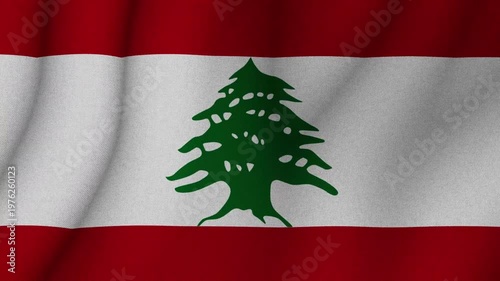 Flag of Lebanon waving in wind with red white stripes and green cedar tree. National identity patriotism and country symbol concept.