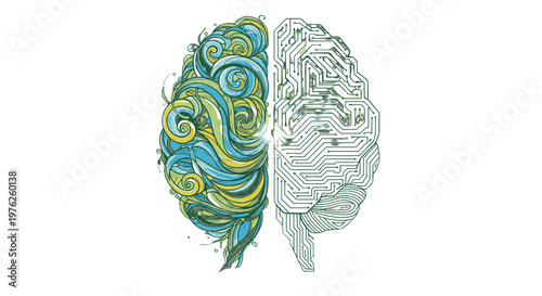Brain illustration with creative and technological sides.