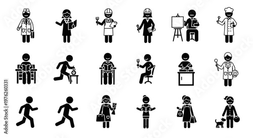 Black silhouette icons of various occupations and daily activities.