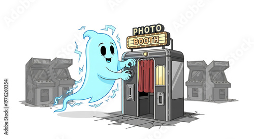 A cartoon ghost excitedly approaching a photo booth in a city setting