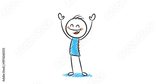 A stick figure with arms raised in joy and excitement in a blue shirt.