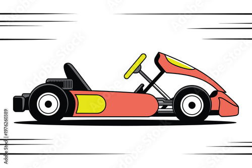 A cartoon illustration of a red go-kart speeding quickly