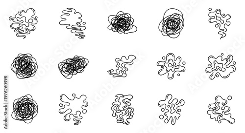 Collection of abstract black and white inkblot designs.