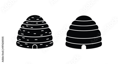 Two bee hive illustrations in black ideal for design on transparent background silhouette