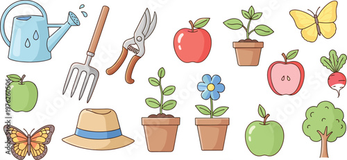 Gardening and Nature Elements Collection with Watering Can, Plants, Apples, Butterfly, and Garden Tools for Outdoor and Botanical Design Projects