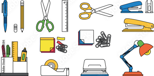 Set of Office Stationery and School Supplies Icons Featuring Pens Pencils Scissors Staplers Desk Lamp and Paper Clips for Workspace Organization and Education Designs