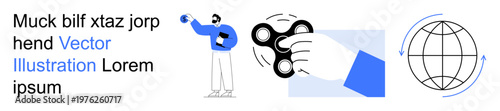 Stress relief, work dynamics, focus tools, business concepts, global connectivity, creative collaboration. Person holding a fidget spinner, globe with arrows animated visual elements. Stress relief
