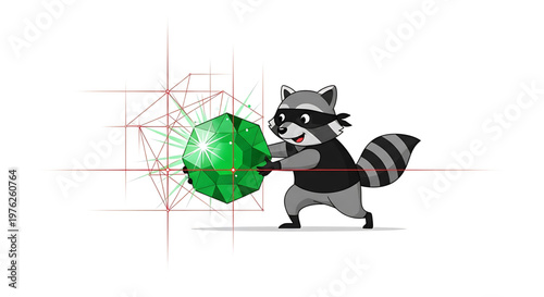 A cartoon raccoon wearing a black mask and shirt pulls a large green gemstone with a geometric pattern in the background