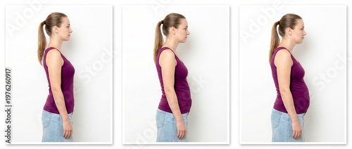 A woman in a purple tank top and jeans shows the progression of pregnancy from early to late stages in three side profile images