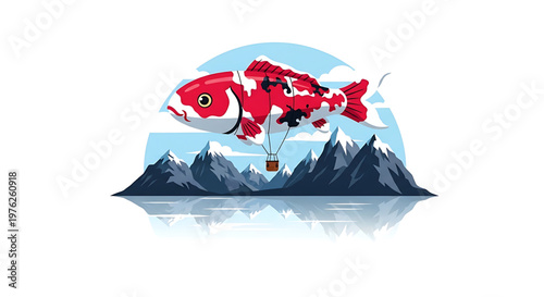 A whimsical vector illustration of a red koi fish with a hot air balloon soaring above snow-capped mountains and a serene lake