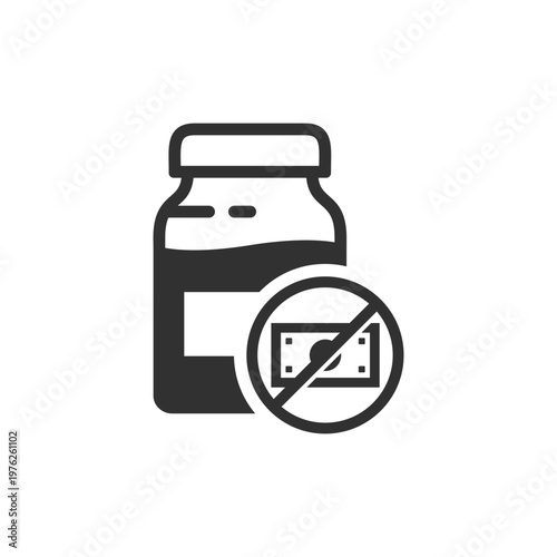 Medicine bottle with free sign icon. Free medication and healthcare support. Monochrome black and white symbol