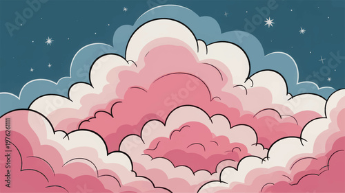 Festive holiday clouds float gently in a starry night sky with pink and white hues