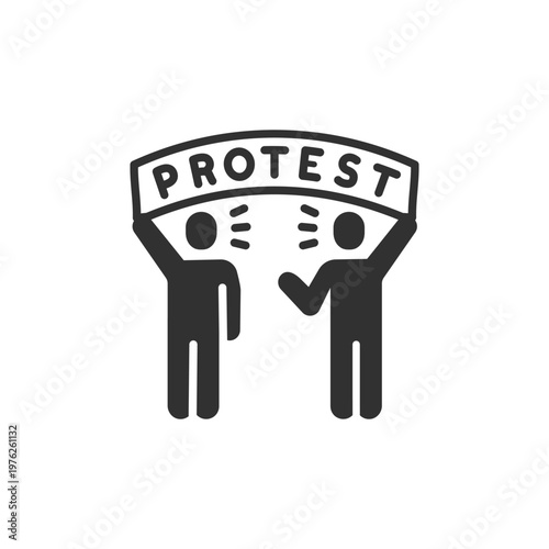 People holding protest banner icon. Demonstration, activism and social movement. Monochrome black and white symbol
