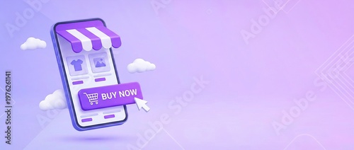 A 3D illustration of a smartphone with a storefront on its screen and a buy now button being clicked