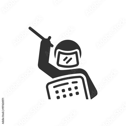 Riot police with shield and baton icon. Law enforcement and crowd control concept. Monochrome black and white symbol