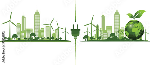 Green Eco City Skyline with Wind Turbines, Renewable Energy Symbols, and Sustainable Urban Landscape Elements for Environmental Awareness Designs