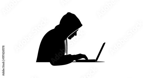 Silhouette of Hacker in Hoodie Typing on Laptop, Digital Security and Cybercrime Concept