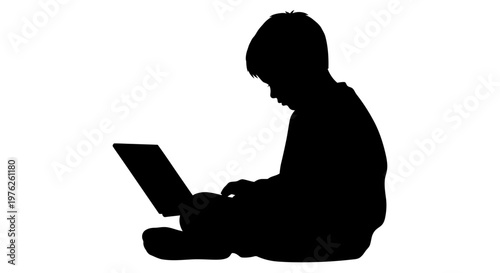 Silhouette of a Young Boy Engaged with a Laptop, Learning and Exploring Digital Content