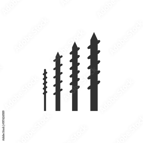 Set of drill bits icon. Drilling tools and size variation. Monochrome black and white symbol
