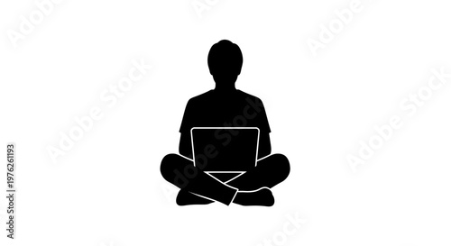 Silhouette of Person Using Laptop Sitting Cross-Legged, Technology and Lifestyle Concept