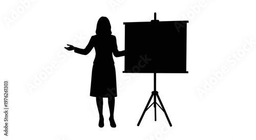 Silhouette of a Woman Presenting at a Flip Chart with Gesturing Hands