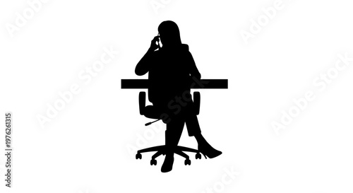 Silhouette of a Woman Talking on a Phone While Sitting at a Desk on a Chair