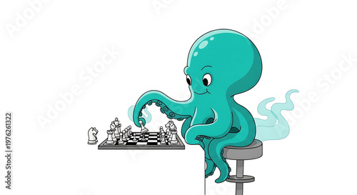 A cartoon octopus playing chess on a stool with a thoughtful expression
