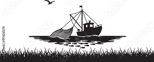 black silhouette of a fishing boat on water with fish and grass