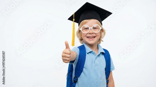 A young boy wearing a graduation cap and glasses gives a thumbs up while wearing a blue backpack and a light blue shirt on a white background