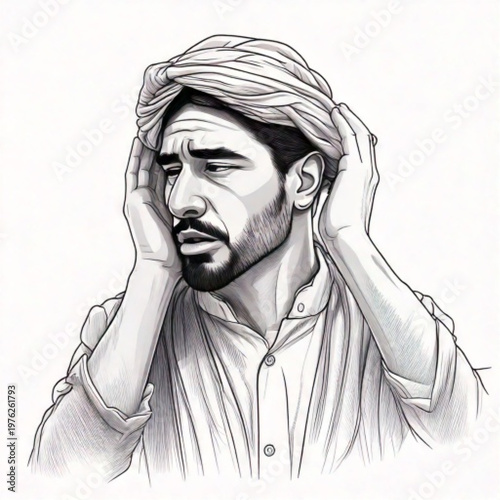 Man in Turban Holding Head in Distress.